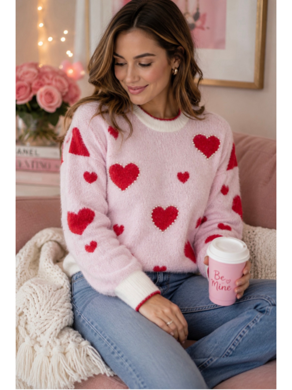 Nanette Lepore Heart Sweater Blush Pink Fuzzy Eyelash Knit Pearl Trim Coquette